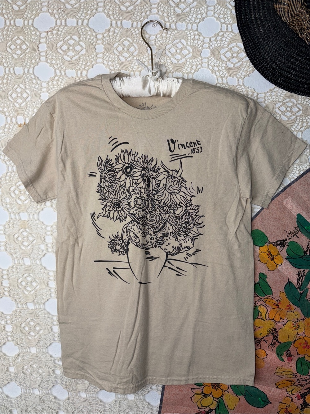 Trust the Universe Top Beige Sunflower Graphic Tee T-shirt Sz. S NEW